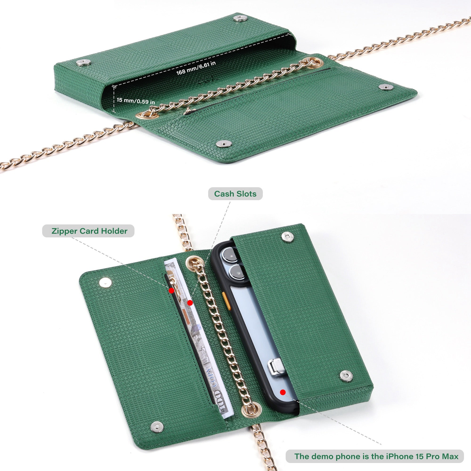 VILI GHE Series Wallet Phone Case Crossbody Chain Shoulder Strap Leather Phone Bag - Green VILI GHE Series Wallet Phone Case Crossbody Chain Shoulder Strap Leather Phone Bag - Green